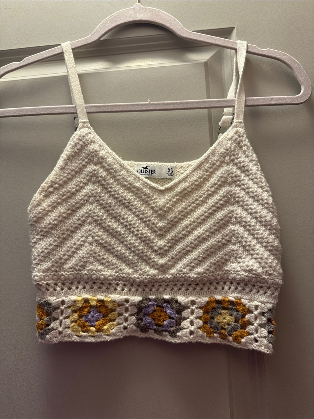 Hollister White Crochet Trim Crop Camisole with Yellow & Purple Accents